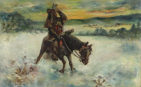 UNFRAMED OIL ON CANVAS PAINTING, NATIVE AMERICAN RIDER, 14" X 22"