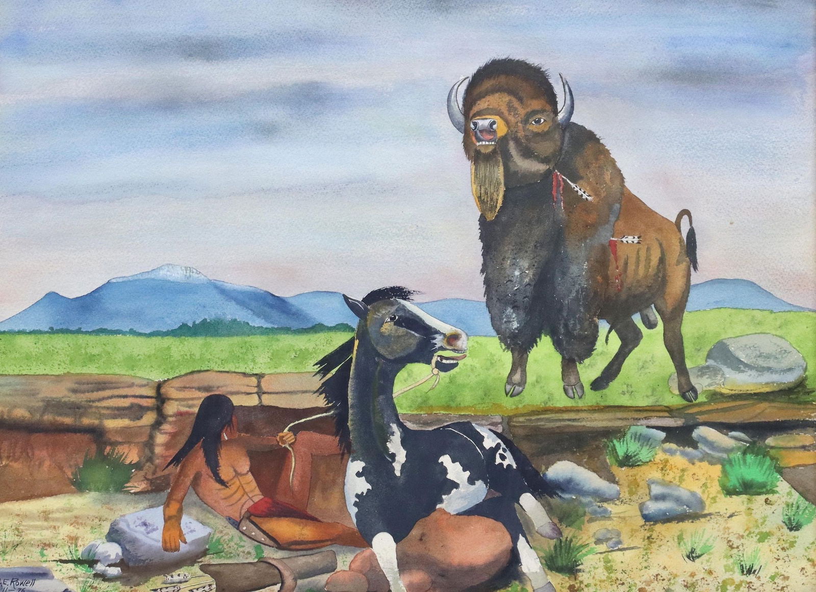 CHARLES EMERY ROWELL (1909-2004) WATERCOLOR, KIOWA & BUFFALO (1 of 5)