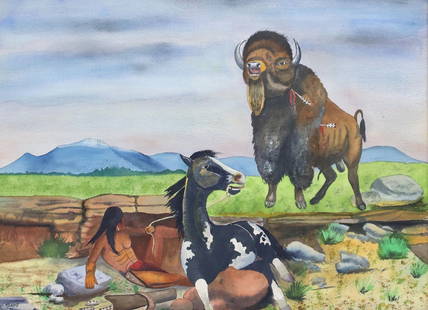 CHARLES EMERY ROWELL (1909-2004) WATERCOLOR, KIOWA & BUFFALO: Framed watercolor on paper painting, "Adol Beak Ka (Lays Near Hair)," signed lower left C.E. Rowell (Charles Emery Rowell, Kiowa, 1909-2004), dated November [19]75, titled on print