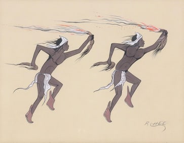 ROBERT CHEE (1938-1972) PAINTING NAVAJO FIRE DANCERS, 14" X 18"