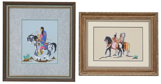 (2) KIOWA FIGURAL PAINTINGS OF NATIVE SOUTHERN PLAINS RIDERS