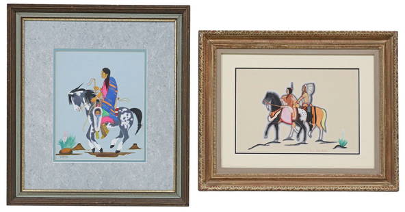 (2) KIOWA FIGURAL PAINTINGS OF NATIVE SOUTHERN PLAINS RIDERS: (lot of 2) Framed&nbsp;Native American paintings on paper, varied mediums, including: (1) gouache painting, Chief and Chieftess on Horseback, signed lower right R.L. Red Bird (Robert Redbird Sr., Kiow