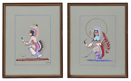 (2) JIM TARTSAH (KIOWA, 1934-1984) CEREMONIAL DANCER PAINTINGS, 20" X 16"