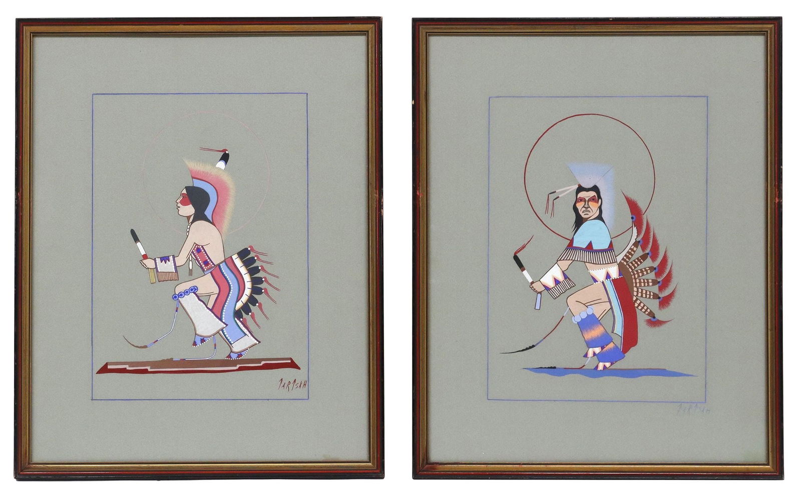 (2) JIM TARTSAH (KIOWA, 1934-1984) CEREMONIAL DANCER PAINTINGS, 20" X 16" (1 of 6)