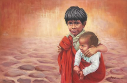 J. HALVERSON (20TH C.) PAINTING OF TWO CHILDREN, 24" X 36"