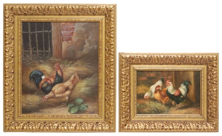 (2) SMALL DECORATIVE FRAMED OIL PAINTINGS OF ROOSTERS, SIGNED