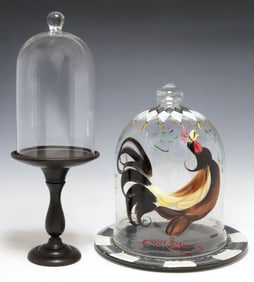 (2) LARGE GLASS & WOOD SERVICE DOMES, HAND-PAINTED ROOSTER