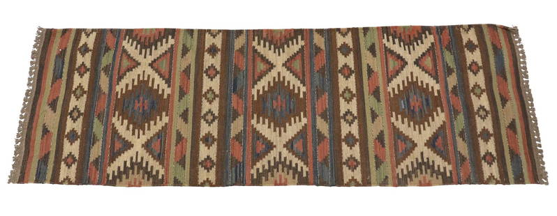 ESTATE FLATWOVEN PERSIAN RUNNER, 7'11" X 2'7.5": Estate flatwoven Persian runner, approx 7&#39;11&quot;l, 2&#39;7.5&quot;w **Please Note: All of the rugs offered in this auction would likely benefit from a professional cleaning. Estate rugs may show