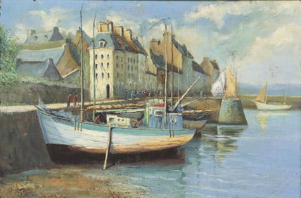 FRENCH SCHOOL MARINE PAINTING OF A BRITTANY HARBOR