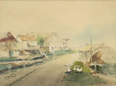 R. HILLS BEMISH (19TH C.) WATERCOLOR PAINTING, COASTAL VILLAGE