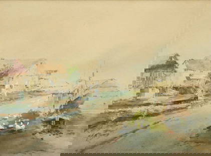 R. HILLS BEMISH (19TH C.) WATERCOLOR PAINTING, COASTAL VILLAGE: Framed watercolor and gouache painting on paper, Coastal Village, signed lower left R. Hills Bemish (American, 19th/ 20th c.), sight: approx 9.75&quot;h, 13.5&quot;w, overall: 19.25&quot;h, 22.5&quot;