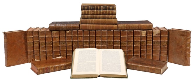 (36) ANTIQUE FRENCH LEATHER-BOUND LIBRARY SHELF BOOKS