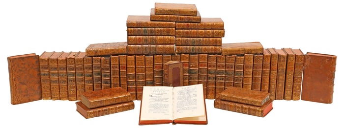 (52) ANTIQUE FRENCH LEATHER-BOUND LIBRARY SHELF BOOKS