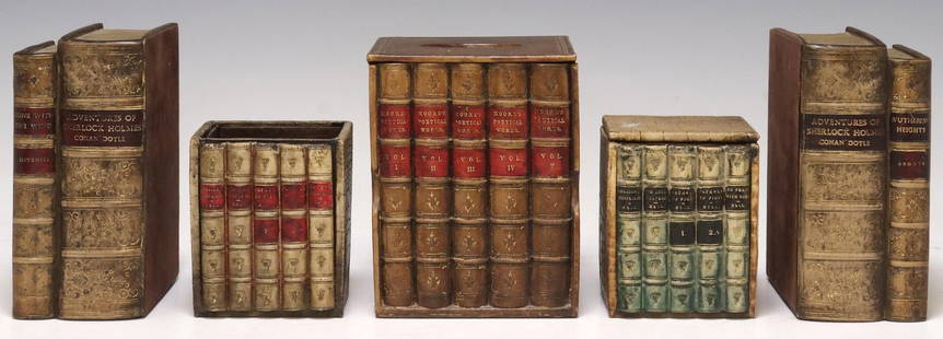 (5) FAUX LEATHER BOOK-FORM DESK ACCESSORIES & BOOKENDS: (lot of 5) Book-form ceramic and metal table articles, 20th c., each in the form of leather-bound library shelf books, with various faux leather and marbleized finishes, including: (pair) bookend