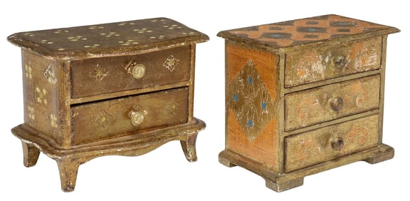 (2) ITALIAN FLORENTINE PARCEL-GILT PAINTED MINIATURE COMMODES
