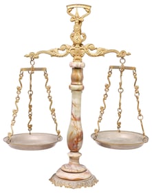ITALIAN GIULIANO CREATION (ATTRIB.) ONYX & GILT METAL SHOP COUNTER SCALES