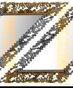 ITALIAN BAROQUE STYLE GILT PAINTED SCROLLED MIRROR: Italian Baroque style gilt painted wall mirror, 20th c., rectangular scrolling foliate frame, encasing flat mirror plate, approx 42&quot;h, 34.5&quot;w, 24lbs