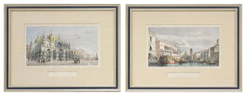 (2) FRAMED HAND-COLORED LITHOGRAPHED PLATES OF VENICE: (lot of 2) Framed lithographs with hand coloring on paper, after the paintings by&nbsp;William Wyld (English, 1806-1889), lithography by&nbsp;Emile Aubert Lessore (French, 1805-1876), inscribed &quot;