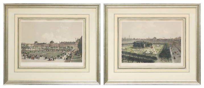 (2) FRAMED HAND-COLORED LITHOGRAPHED PLATES OF PARIS: (lot of 2) Framed lithographs with hand coloring on paper, plates from &quot;Paris dans sa Splendeur,&quot; including: (1) &quot;Palais des Tuileries,&quot; plate 8, after the drawing by Philippe Beno