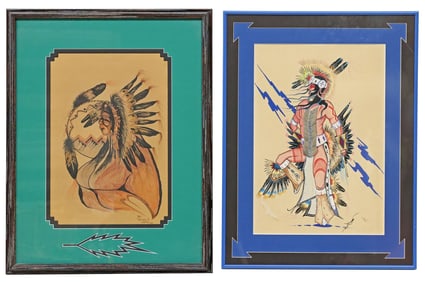 (2) FRAMED NATIVE AMERICAN CHIEF DRAWING & EAGLE DANCER PAINTING