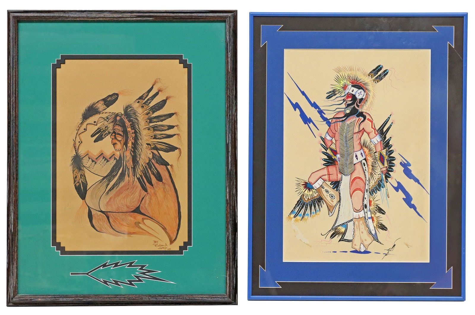 (2) FRAMED NATIVE AMERICAN CHIEF DRAWING & EAGLE DANCER PAINTING (1 of 6)