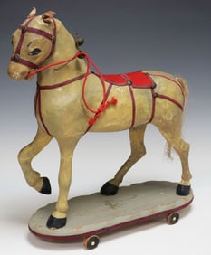 PAPIER-MACHE & WOOD HORSE PULL TOY ON WHEELS
