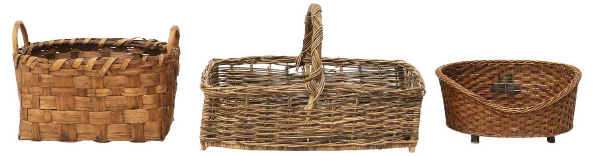 (3) LARGE PROVINCIAL WOVEN WICKER & SPLIT WOOD BASKETS: (lot of 3) Large rustic woven wood and wicker baskets, 20th c., including: (1) provincial handled wicker basket, of rectangular form, approx 20"h, 30.75"w, 21"d; (1) stave-woven split w