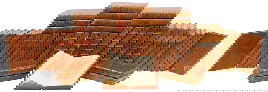 (46) ANTIQUE FRENCH LEATHER-BOUND LIBRARY SHELF BOOKS: (lot of 46) French library shelf books, various medical science, economic, chemistry, and literature subjects, each with gilt-embossed tan leather binding, marbleized cover, most with raised spine ban