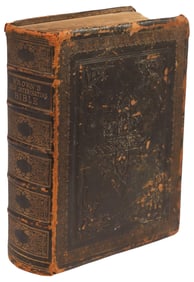 ANTIQUE ENGLISH EMBOSSED LEATHER-BOUND HOLY BIBLE
