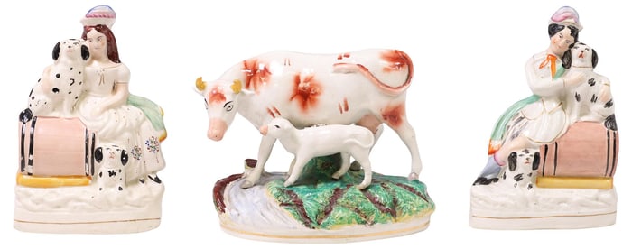 (3) ENGLISH STAFFORDSHIRE POTTERY COW & FLATBACKS