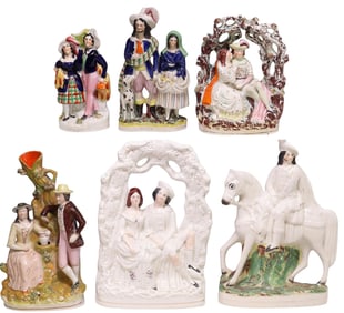 (6) ENGLISH STAFFORDSHIRE POTTERY FLATBACK FIGURES & SPILL VASES