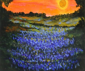 JUDY COPELAND (B.1943) ACRYLIC PAINTING 'SUNSET WITH BLUEBONNETS'