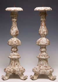 (2) DECORATIVE BAROQUE STYLE CAST COMPOSITE WHITE-PAINTED CANDLE PRICKETS