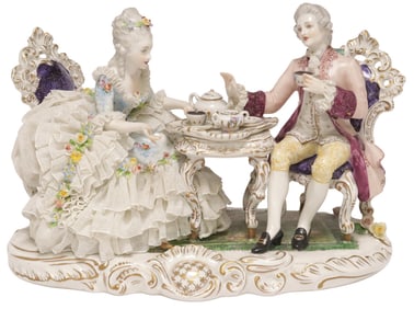 DRESDEN LACE PARCEL-GILT PORCELAIN FIGURAL GROUP, COURTING COUPLE