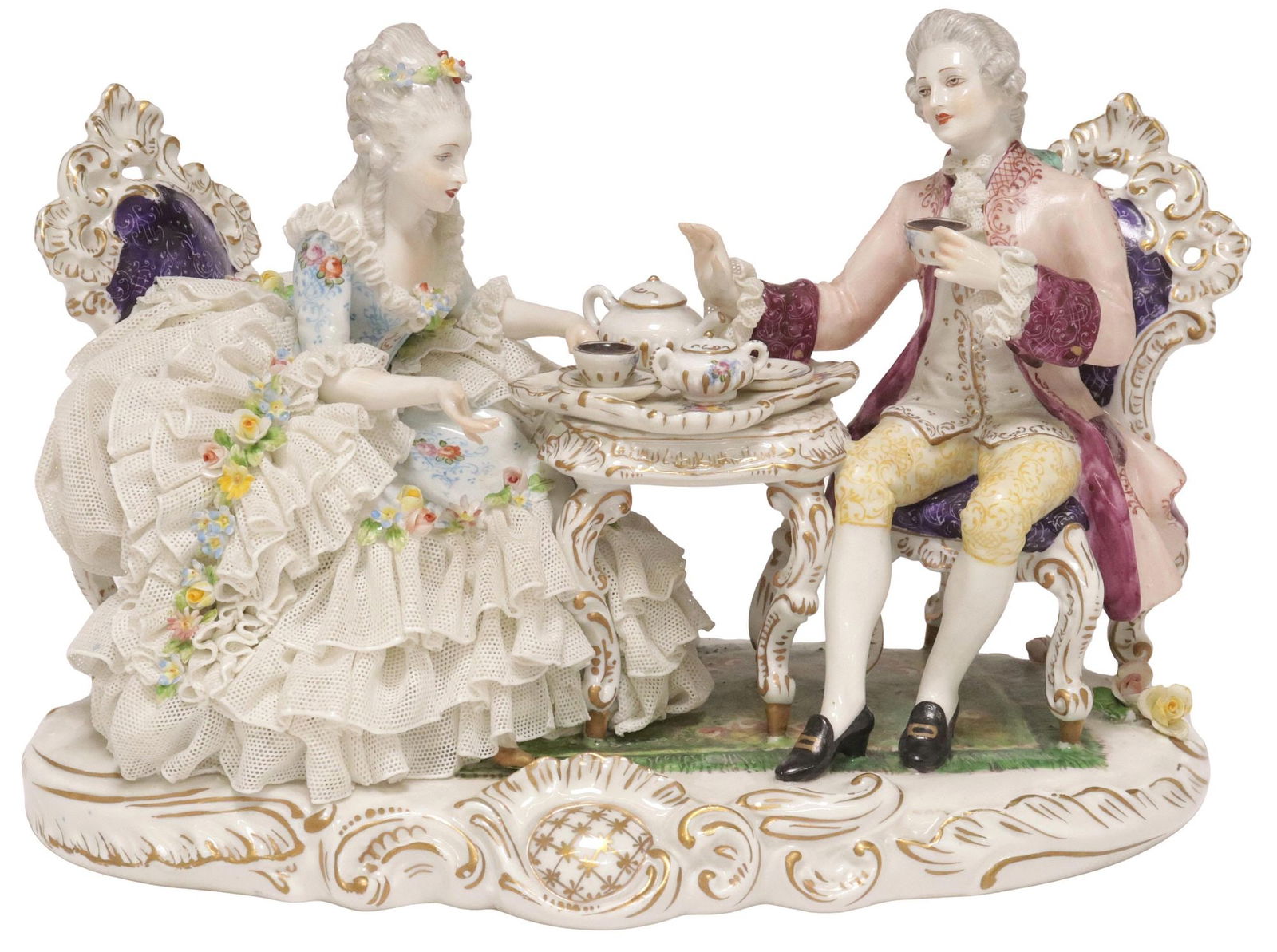 DRESDEN LACE PARCEL-GILT PORCELAIN FIGURAL GROUP, COURTING COUPLE (1 of 7)