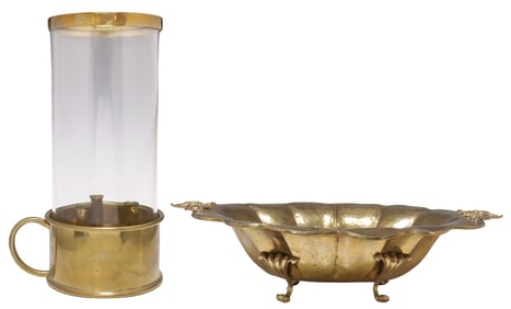 (2) BRASS 3-LT HURRICANE CANDELABRA & HAMMERED CENTERPIECE BOWL