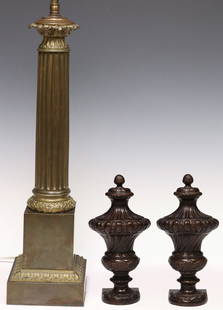 (3) NEOCLASSICAL STYLE PATINATED METAL TABLE LAMP & BOOKENDS: (lot of 3) Neoclassical style patinated metal library decor, including: (1) two-light table lamp, fluted columnar central standard with foliated capital, raised on pedestal base, gilt accents, observe