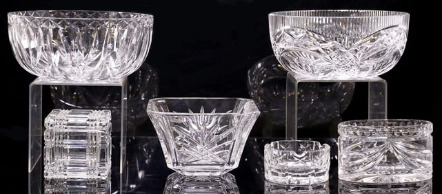 (6) WATERFORD CUT CRYSTAL TABLEWARE, BOWLS, DRESSER BOXES & ASHTRAY