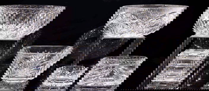 (6) WATERFORD CUT CRYSTAL TABLEWARE, BOWLS, DRESSER BOXES & ASHTRAY: (lot of 6) Waterford cut crystal tableware, varied patters and designs, each with acid-etched maker's mark, including: (2) circular bowls, largest: approx 3.5"h, 8"diam; (1) square bowl, small chip to