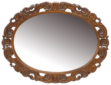 BAROQUE STYLE CARVED WALNUT OVAL WALL MIRROR