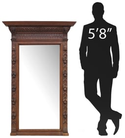 FRENCH RENAISSANCE STYLE CARVED OAK PIER MIRROR, 60.75" X 39.25"