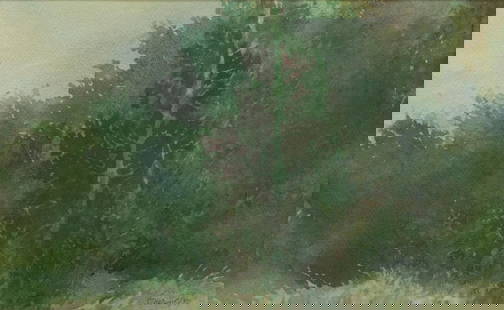JOHN WILLIAM GUERIN (TX, 1920-2006) WATERCOLOR LANDSCAPE: Framed watercolor painting on paper, Verdant Landscape, signed lower right Guerin (John William Guerin, Texas, Michigan, 1920-2006), dated [19]80, sight: approx 7.75&quot;h, 12.25&quot;w, overall: 18.