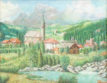 ITALIAN SCHOOL OIL PAINTING, ALPINE VILLAGE OF OSSANA