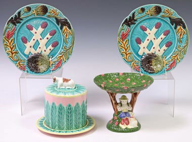 (4) COLLECTION OF DECORATIVE MAJOLICA & PAINTED CERAMIC TABLE ITEMS