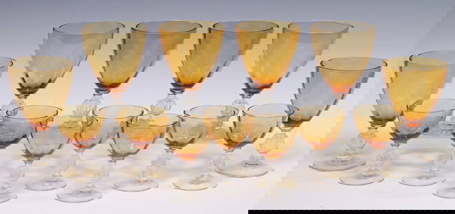 (13) CAMBRIDGE AMBER GLASS 'AURORA' WATER GOBLETS & CORDIALS: (lot of 13) Cambridge amber glass &quot;Aurora&quot; glassware, gently faceted tapering basin, colorless stem with molded knop, on round foot, including: (6) water goblets, approx 6.25&quot;h, 3.75&qu