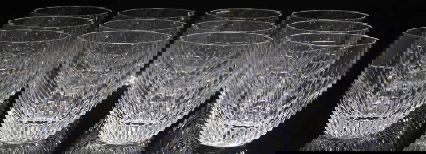 (12) BACCARAT 'MESSENA' CUT CRYSTAL FLAT TUMBLERS: (lot of 12) French Baccarat cut&nbsp;crystal flat tumblers, in the &quot;Massena&quot; pattern, each with vertical cuts, acid-etched maker&#39;s mark underfoot, each pair housed in Baccarat branded bo