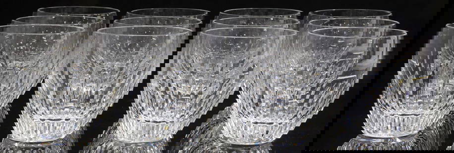 (12) BACCARAT 'MESSENA' CUT CRYSTAL FLAT TUMBLERS: (lot of 12) French Baccarat cut&nbsp;crystal flat tumblers, in the &quot;Massena&quot; pattern, each with vertical cuts, acid-etched maker&#39;s mark underfoot, each pair housed in Baccarat branded bo