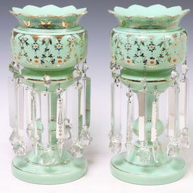 (2) VICTORIAN ENAMELED GREEN OPALINE GLASS MANTEL LUSTERS