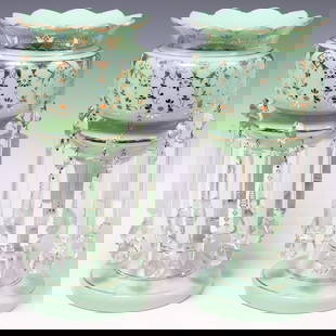 (2) VICTORIAN ENAMELED GREEN OPALINE GLASS MANTEL LUSTERS: (pair) Victorian green opaline glass mantel lustres, late 19th/ early 20th c., the bowl enameled with small flowers, two tiers of cut crystal spears and large prisms with faceted ball, knopped