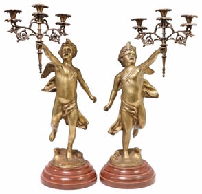 (2) LARGE BRONZE FIGURAL CHERUB-FORM 3-LIGHT CANDELABRA